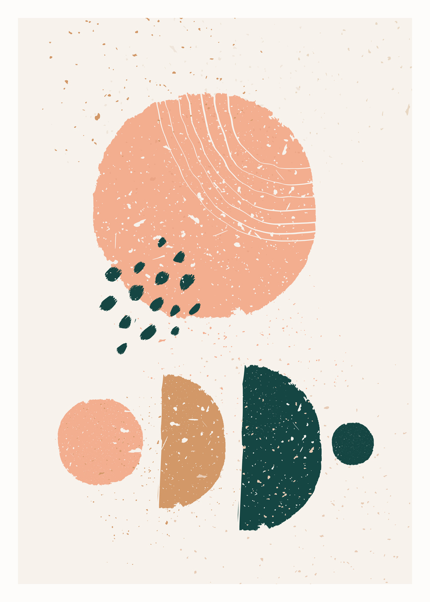 Abstraktes Kunstwerk mit gemalter skandinavischer geometrischer Komposition. Der Hintergrund ist ein sanftes rosa. Die obere Hälfte beinhaltet eine altrosafarbene Kugel, die zu den Seiten hin teilweise ausfranst. Im oberen Drittel der Kugel sind sachte weiße Linien zu erkennen, die bogenhaft angeordnet sind. Gegenüber in der Kugel sind dunkelblaue Tupfen, die teils auf der Kugel und teils außerhalb platziert sind. Die untere Bildhälfte besteht aus vier gemalten geometrischen Formen, die horizontal ausgerichtet sind. Links ist eine altrosafarbene Kugel, die deutlich kleiner ist, als die aus der oberen Bildhälfte. Rechts neben der kleinen altrosafarbenen Kugel ist ein ockerfarbener Halbkreis, dessen flache Seite nach linke zeigt. Daneben ist eine weitere dunkelblaue Halbkugel, die gleich wie die vorherige nach links flach ist. Abschließend ist rechts eine kleine dunkelblaue Kugel, die wiederum kleiner ist, als die altrosafarbene.